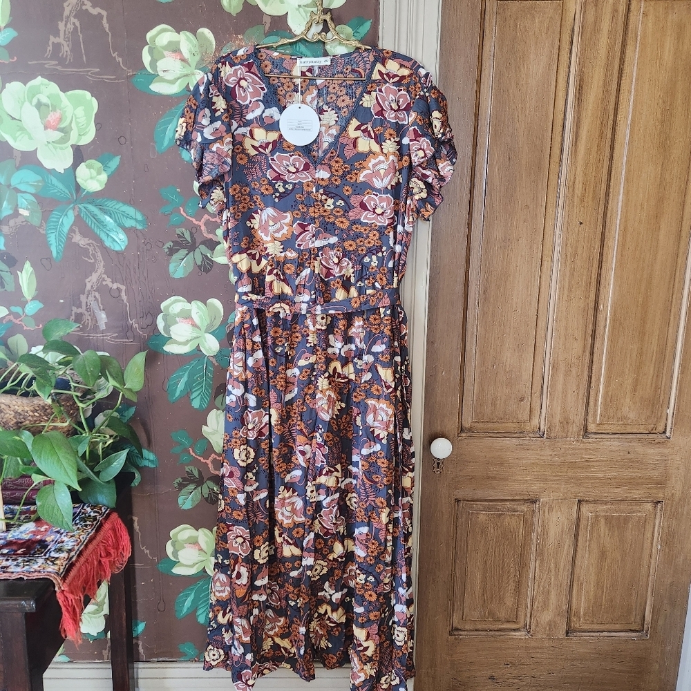 Rusttydustty Boho Floral Midi Dress 4XL V Neck Flutter Sleeve Belted Fall Boho